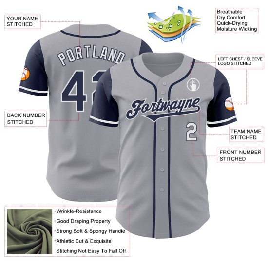 Maglia da baseball personalizzata autentica grigia, tonalità blu navy e bianca Maglia da baseball personalizzata autentica grigia, tonalità blu navy e bianca