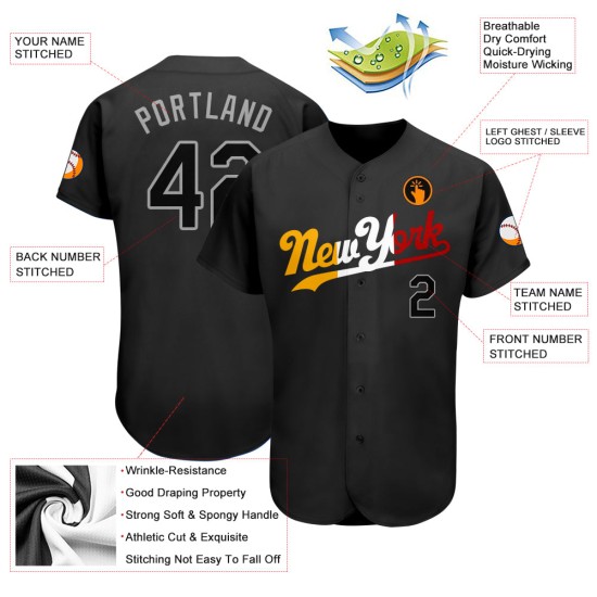 Maglia da baseball personalizzata autentica nera e oro Split Fashion Maglia da baseball personalizzata autentica nera e oro Split Fashion