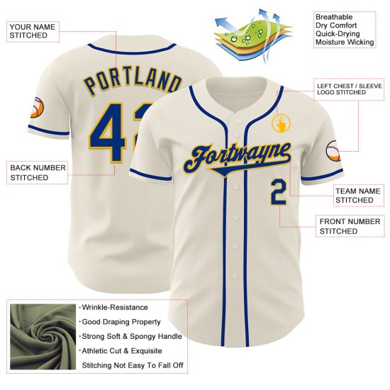 Maglia da baseball autentica color crema personalizzata, colore blu royal e oro Maglia da baseball autentica color crema personalizzata, colore blu royal e oro
