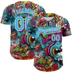 Maglia da baseball blu personalizzata con motivo psichedelico 3D autentico rave bianco design cielo Maglia da baseball blu personalizzata con motivo psichedelico 3D autentico rave bianco design cielo