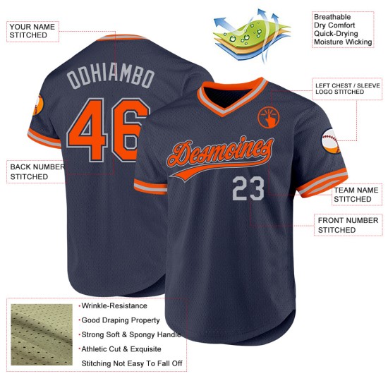 Maglia da baseball retrò autentica personalizzata arancione-grigia blu navy Maglia da baseball retrò autentica personalizzata arancione-grigia blu navy