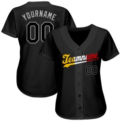 Maglia da baseball personalizzata autentica nera e oro Split Fashion Maglia da baseball personalizzata autentica nera e oro Split Fashion