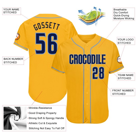 Maglia da baseball autentica blu navy-chiaro oro personalizzata Maglia da baseball autentica blu navy-chiaro oro personalizzata