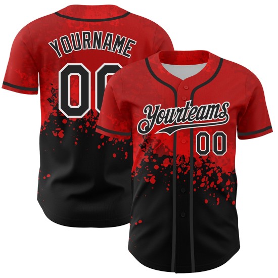 Maglia da baseball personalizzata Rave Design Splatter nera, bianca e rossa con motivo 3D autentico Maglia da baseball personalizzata Rave Design Splatter nera, bianca e rossa con motivo 3D autentico