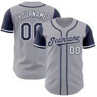 Maglia da baseball personalizzata autentica grigia, tonalità blu navy e bianca Maglia da baseball personalizzata autentica grigia, tonalità blu navy e bianca