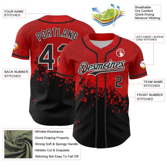 Maglia da baseball personalizzata Rave Design Splatter nera, bianca e rossa con motivo 3D autentico Maglia da baseball personalizzata Rave Design Splatter nera, bianca e rossa con motivo 3D autentico
