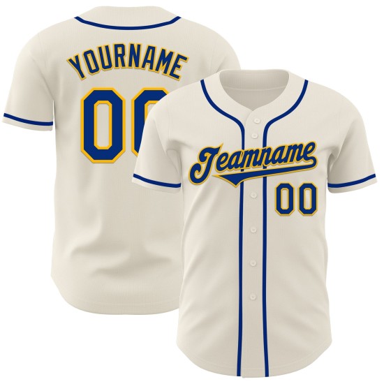 Maglia da baseball autentica color crema personalizzata, colore blu royal e oro Maglia da baseball autentica color crema personalizzata, colore blu royal e oro