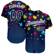 Maillot de baseball personnalisé avec puzzle autisme, pièces bleu marine et blanches 3D, authentique, sensibilisation