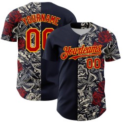 Maglia da baseball vintage autentica e personalizzata, con tatuaggi 3D rosso-oro blu navy Maglia da baseball vintage autentica e personalizzata, con tatuaggi 3D rosso-oro blu navy