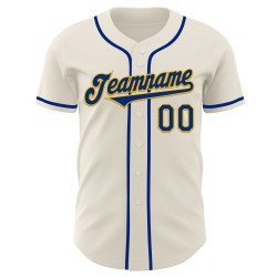 Maglia da baseball autentica color crema personalizzata, colore blu royal e oro Maglia da baseball autentica color crema personalizzata, colore blu royal e oro