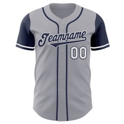 Maglia da baseball personalizzata autentica grigia, tonalità blu navy e bianca Maglia da baseball personalizzata autentica grigia, tonalità blu navy e bianca