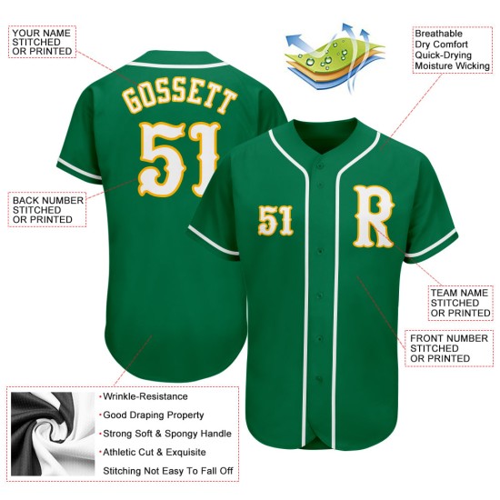 Maglia da baseball verde personalizzata Kelly autentica bianco-oro Maglia da baseball verde personalizzata Kelly autentica bianco-oro