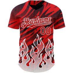 Maglia da baseball rosso fiamma nera e bianca, modello personalizzato, design 3D autentico Maglia da baseball rosso fiamma nera e bianca, modello personalizzato, design 3D autentico