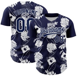 Maglia da baseball tropicale e hawaiana blu navy autentica bianca personalizzata con fiori e foglie 3D Maglia da baseball tropicale e hawaiana blu navy autentica bianca personalizzata con fiori e foglie 3D