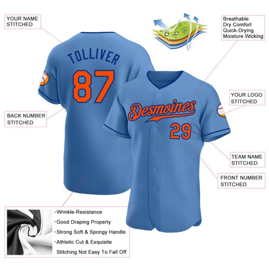 Maglia da baseball autentica personalizzata blu arancione-royal light Maglia da baseball autentica personalizzata blu arancione-royal light