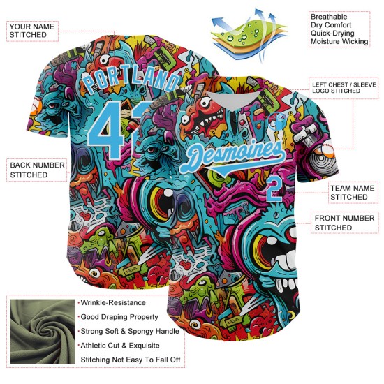 Maglia da baseball blu personalizzata con motivo psichedelico 3D autentico rave bianco design cielo Maglia da baseball blu personalizzata con motivo psichedelico 3D autentico rave bianco design cielo