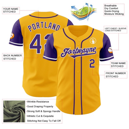 Maglia da baseball autentica Tone Two Viola-Bianco personalizzata Oro Maglia da baseball autentica Tone Two Viola-Bianco personalizzata Oro