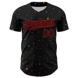 Maglia da baseball personalizzata con motivo a coriandoli 3D autentico rosso nero Maglia da baseball personalizzata con motivo a coriandoli 3D autentico rosso nero