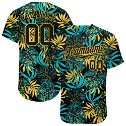 Maillot de baseball personnalisé motif feuilles de palmier noir tropical noir-or 3D authentique Maillot de baseball personnalisé motif feuilles de palmier noir tropical noir-or 3D authentique